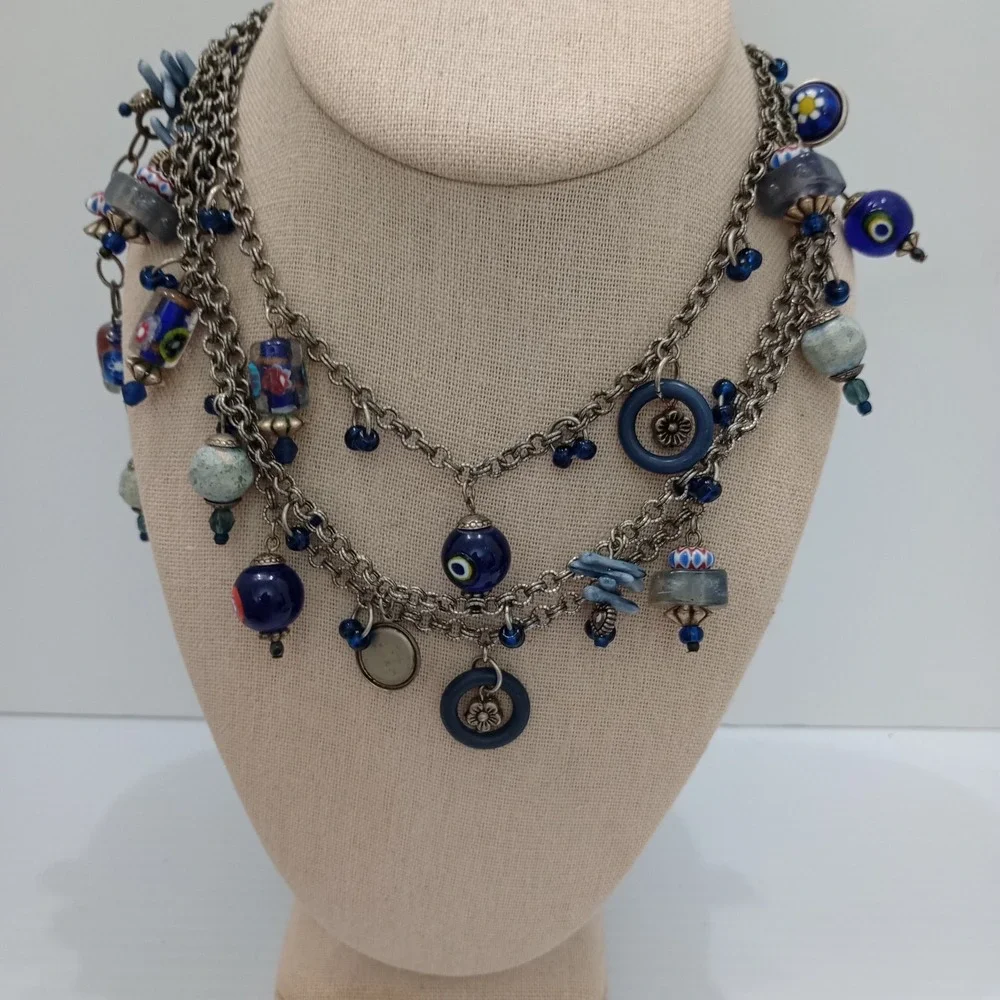 Treska Multi Strand Blue Glass Charm Necklace Silver Tone Signed